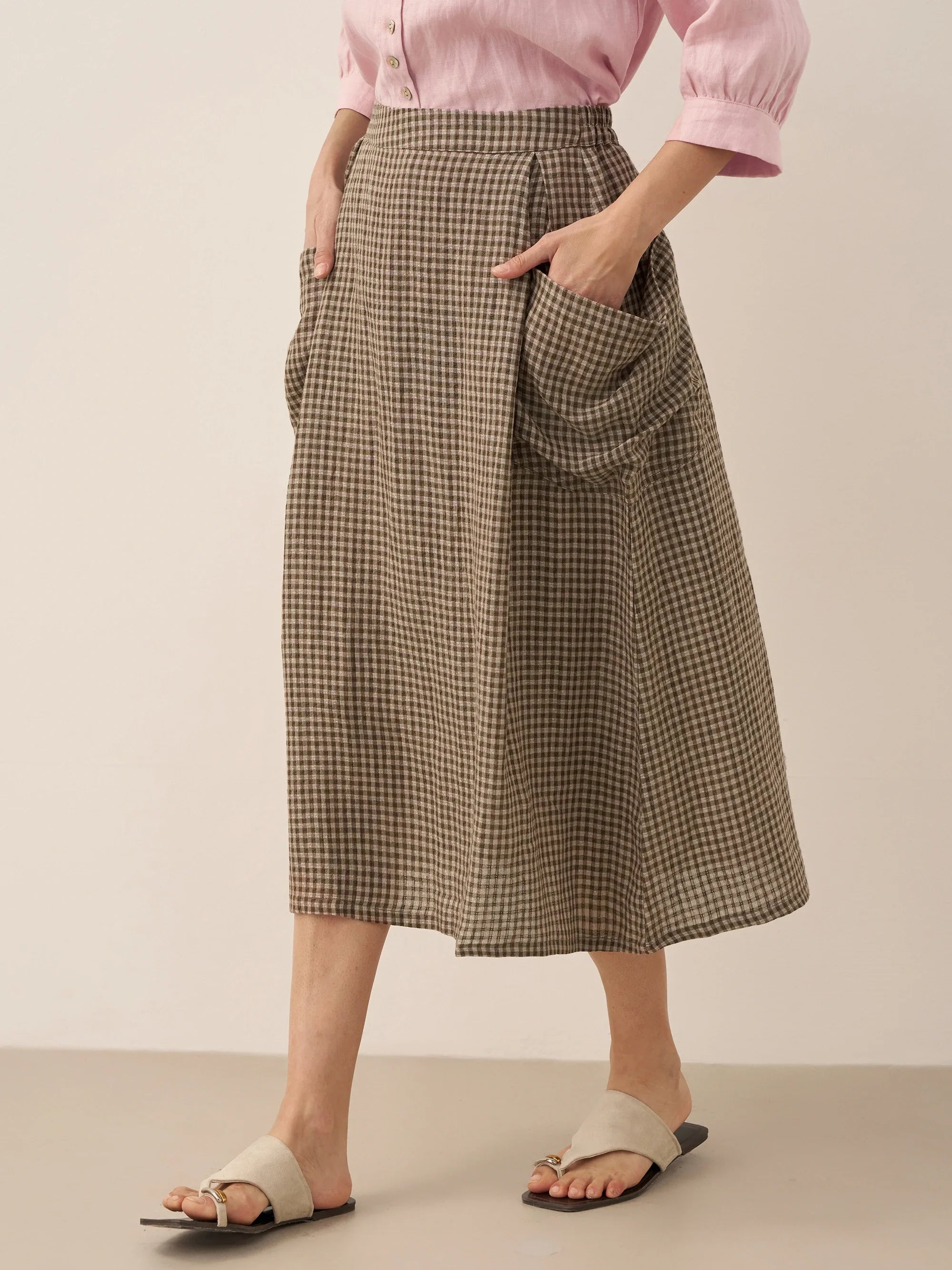 Linen Checked Elastic Waist Skirt MARINA