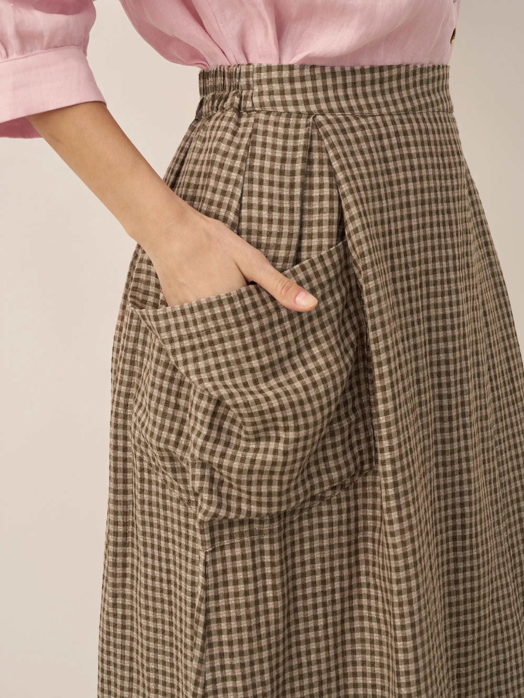 Linen Checked Elastic Waist Skirt MARINA