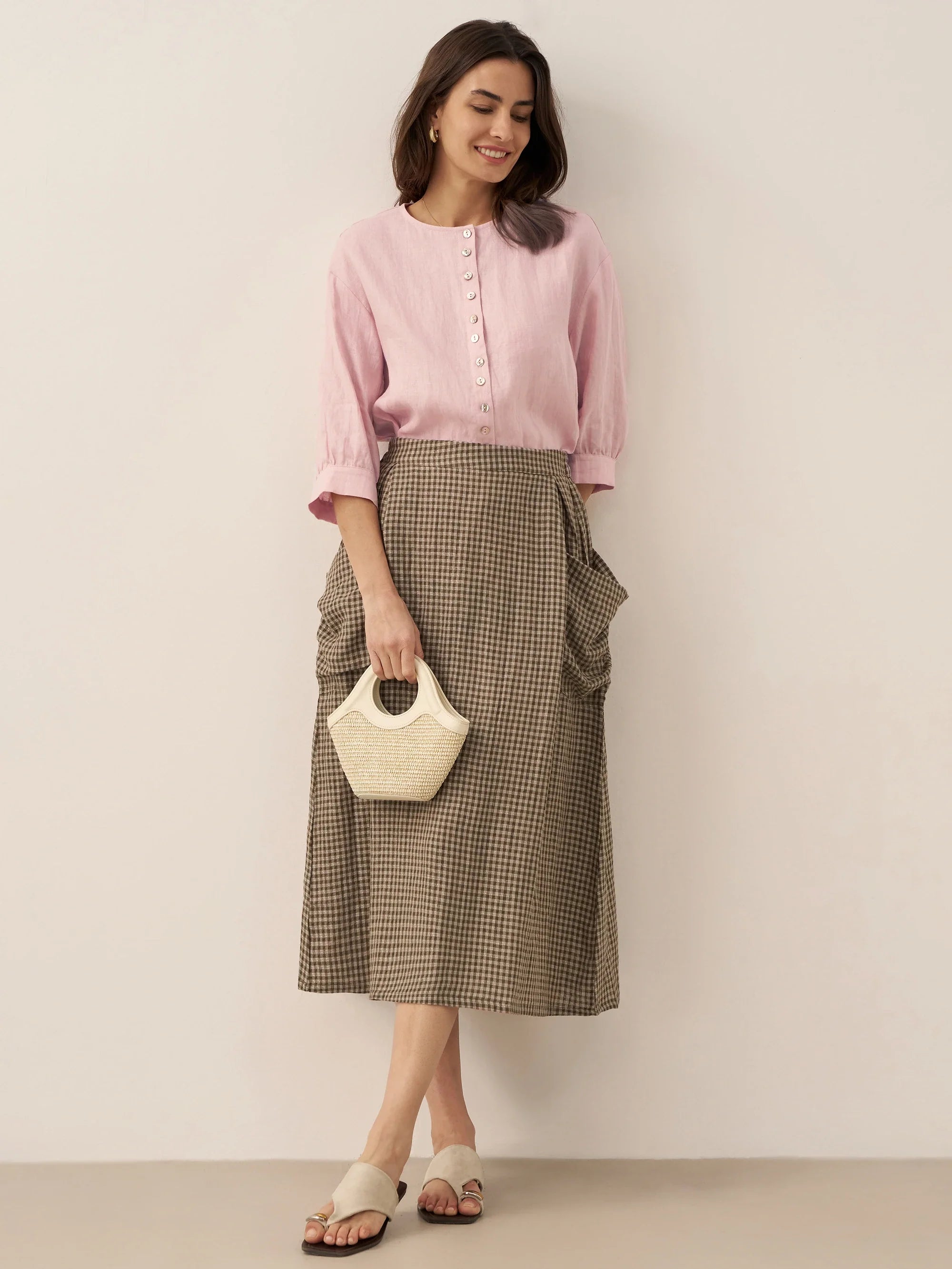 Linen Checked Elastic Waist Skirt MARINA