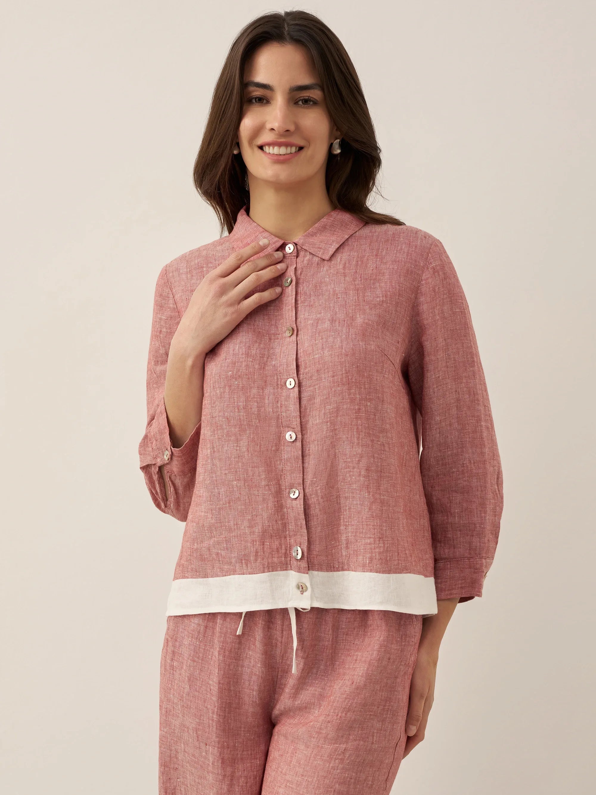 100% Linen Buttoned Closure Color-Blocked Shirt JANICE DestGlow