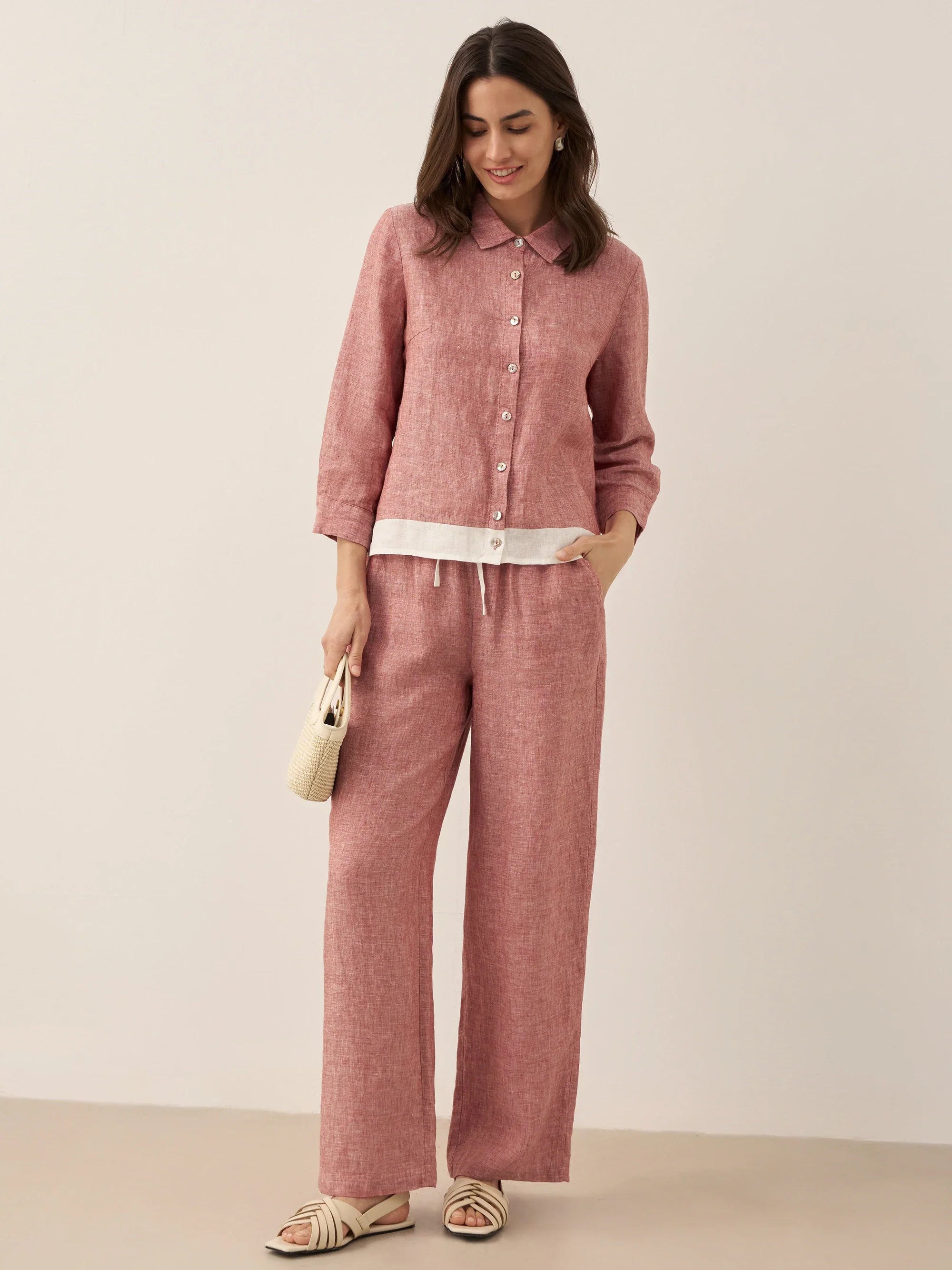 100% Linen Buttoned Closure Color-Blocked Shirt JANICE DestGlow