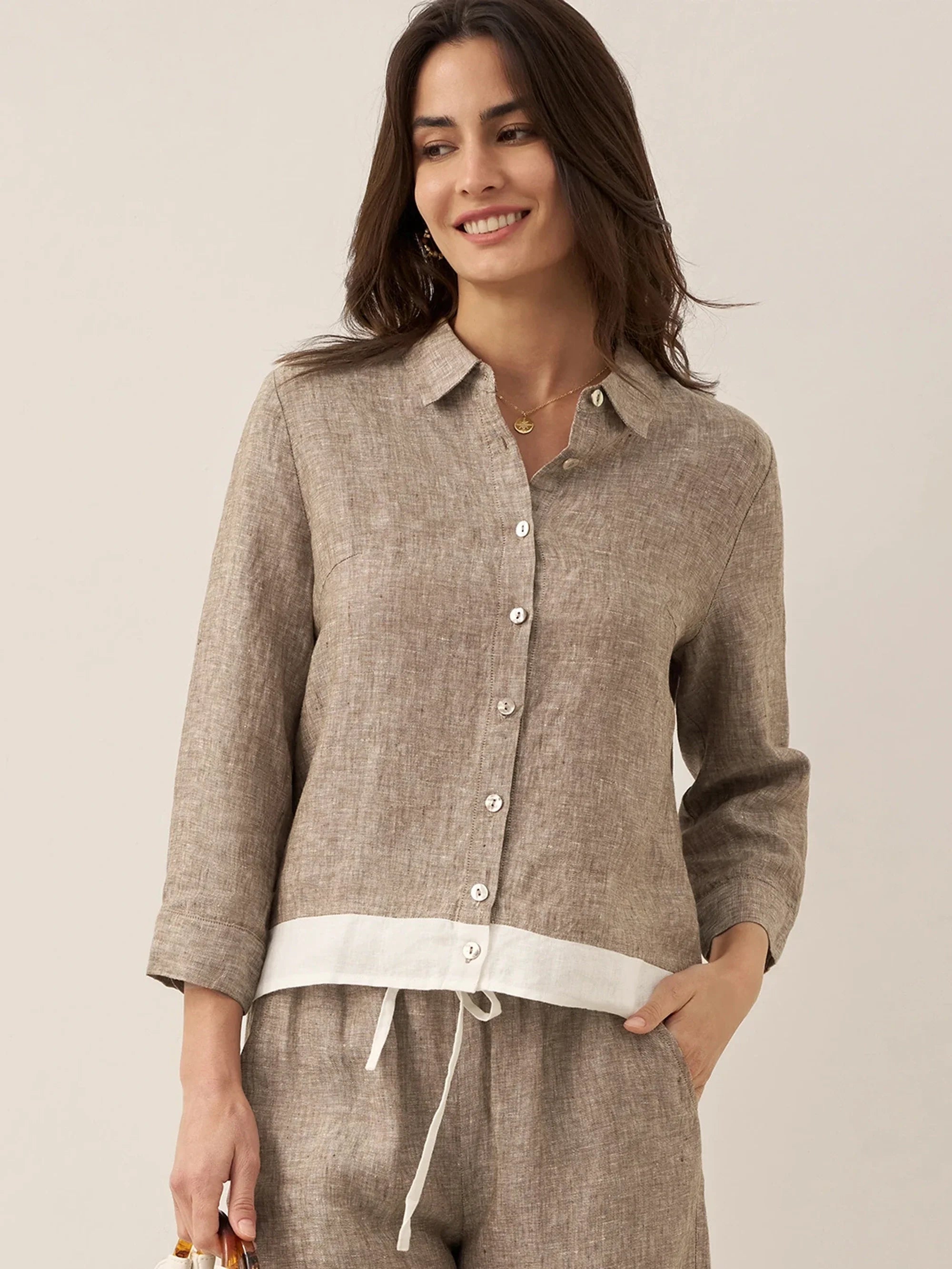 100% Linen Buttoned Closure Color-Blocked Shirt JANICE DestGlow