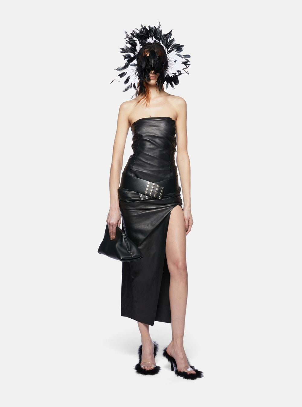The Attico Women Black Sleeveless Off-Shoulder Midi Dress With Front Single Slit And Ruched Waist In Leather Woman by Luosophy