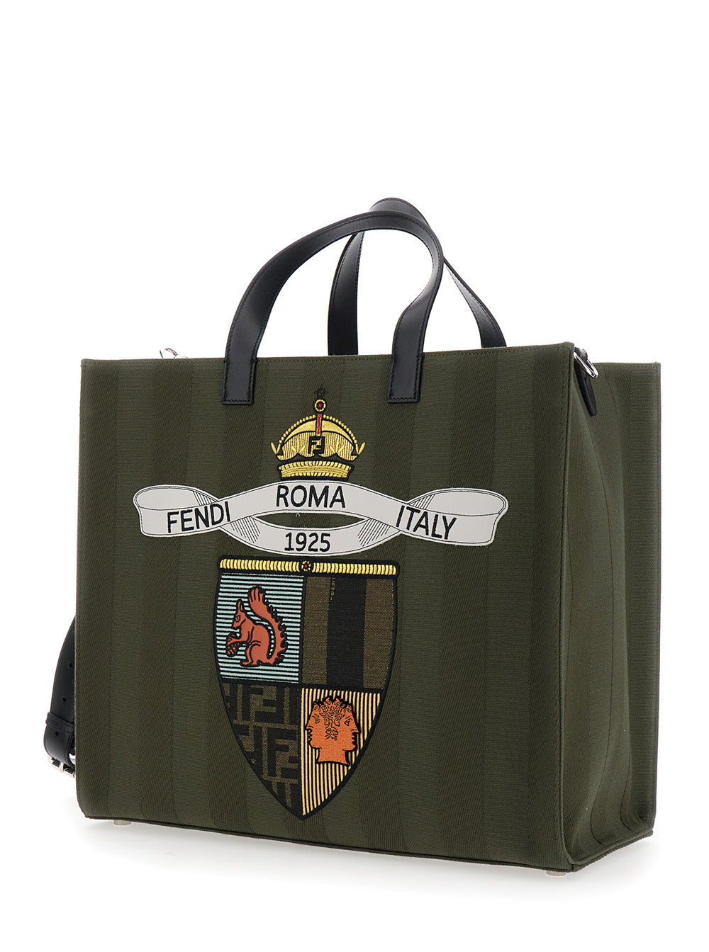Fendi Men Green Shopper With Vertical Stripes Motif And Fendi Club Patch On The Front In Canvas Man by Luosophy