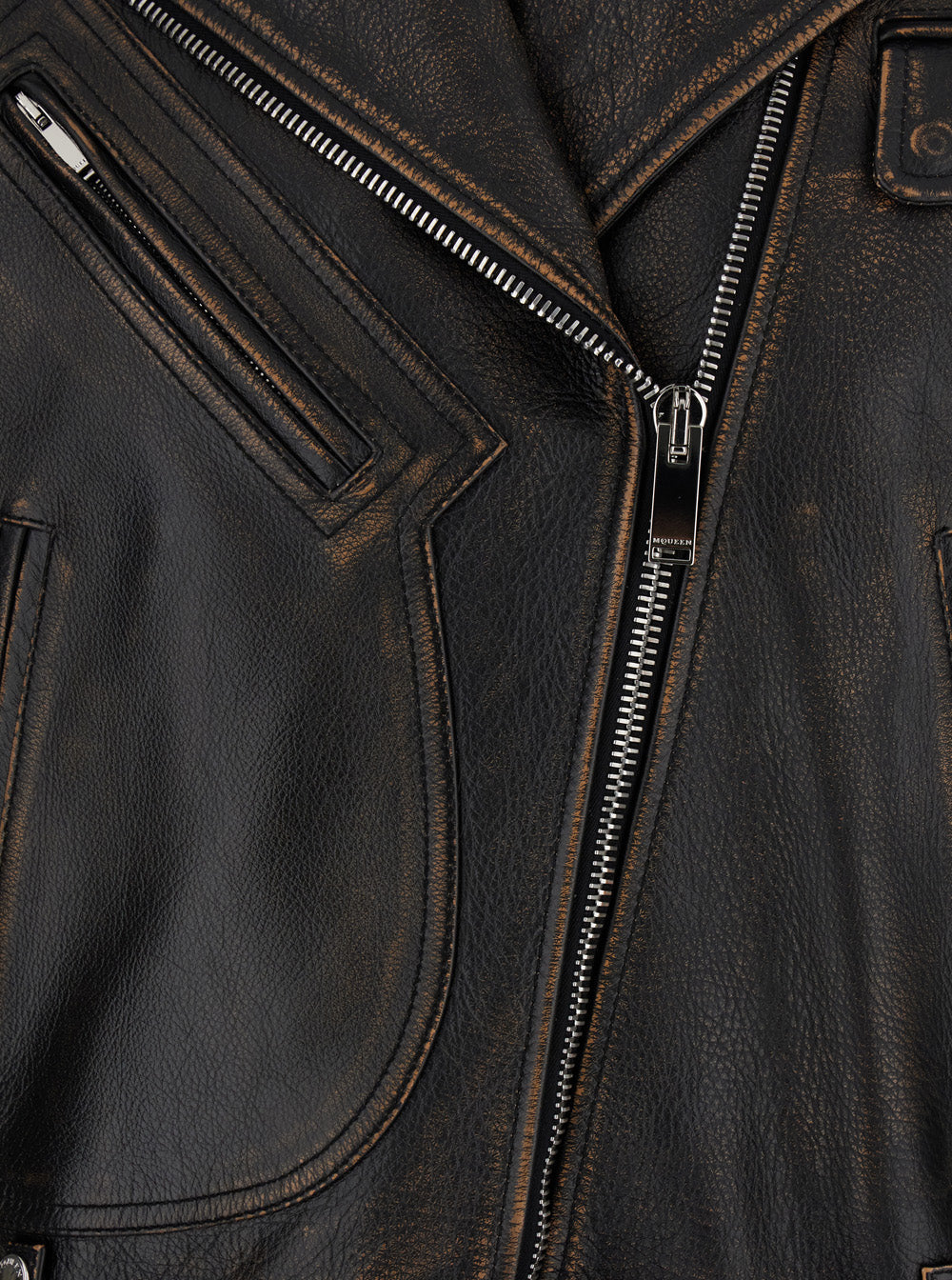 Alexander Mcqueen Women Antiqued Brown Biker Jacket With Wide Classic Lapels And Decentralized Zip Closure In Leather Woman by Luosophy