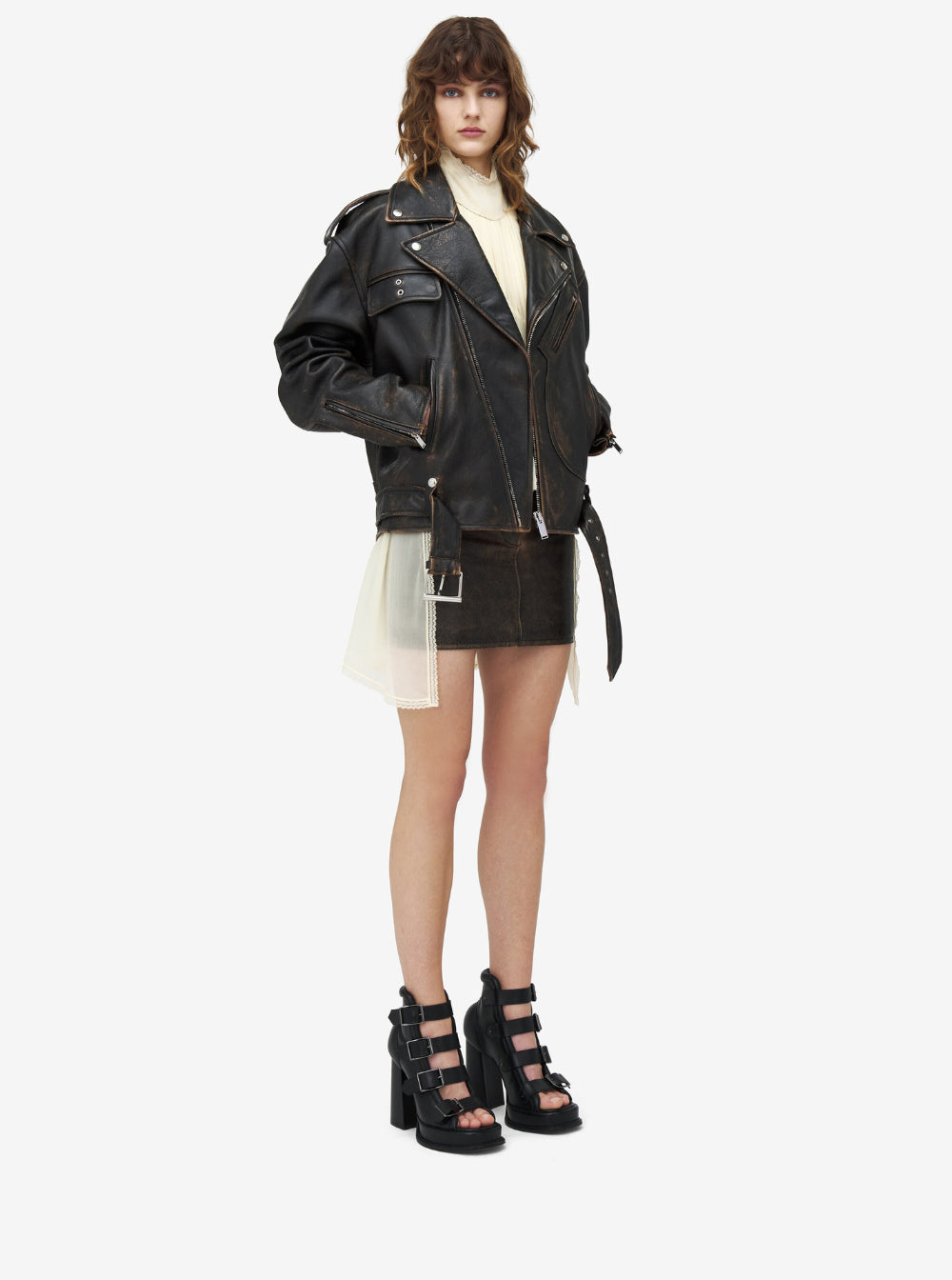 Alexander Mcqueen Women Antiqued Brown Biker Jacket With Wide Classic Lapels And Decentralized Zip Closure In Leather Woman by Luosophy