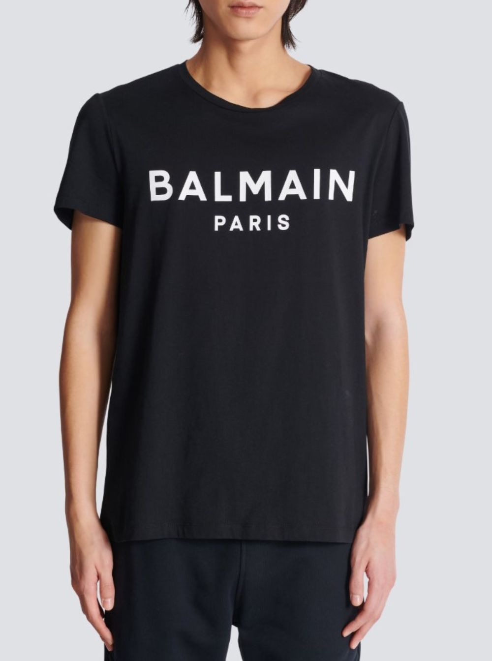 Balmain Men Black Crewneck T-Shirt With Logo Lettering On The Front In Cotton Man by Luosophy