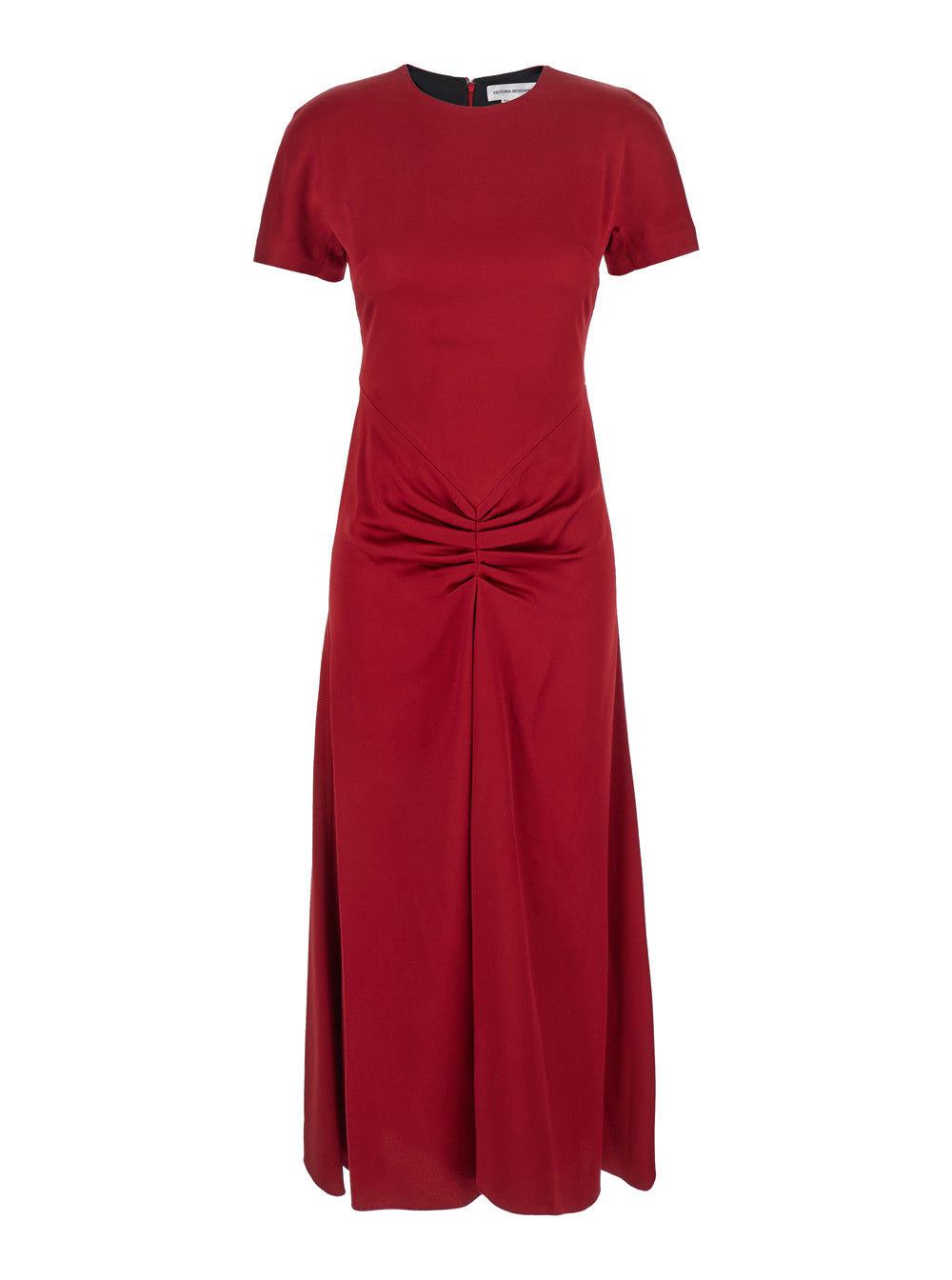 Victoria Beckham Women Red Crewneck Midi Dress With Gathered Waist And Rear Zip Closure In Viscose Blend Woman by Luosophy