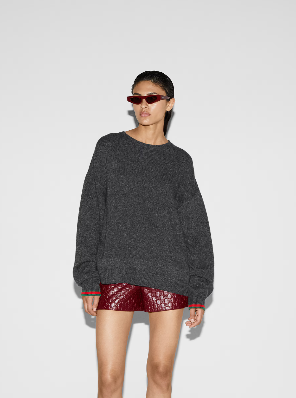 Gucci Women Grey Crewneck Sweater With Web Detail On The Cuffs In Wool And Cashmere Blend Woman by Luosophy