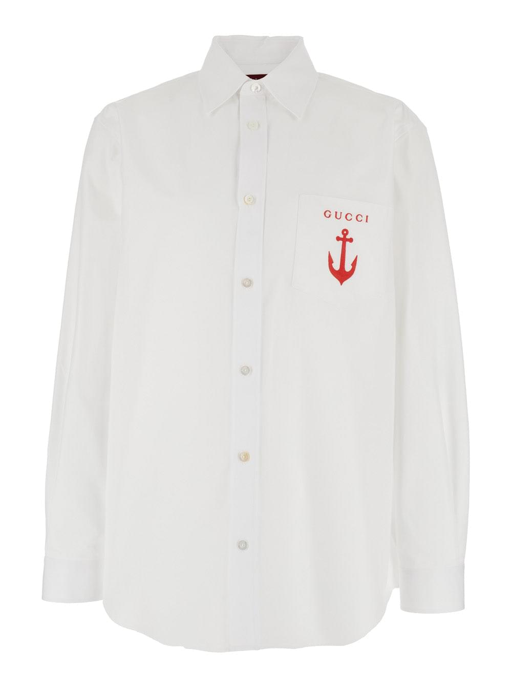 Gucci Men White Shirt With Classic Collar And Logo Detail On The Front In Cotton Man
