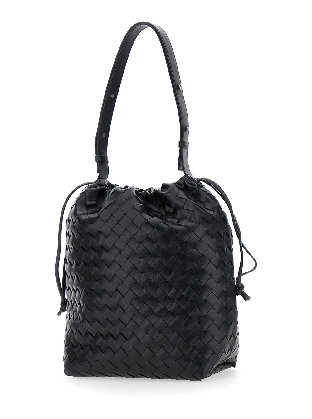 Bottega Veneta Men Black Shoulder Bag With Drawstring Closure And Intrecciato Motif In Leather Man by Luosophy