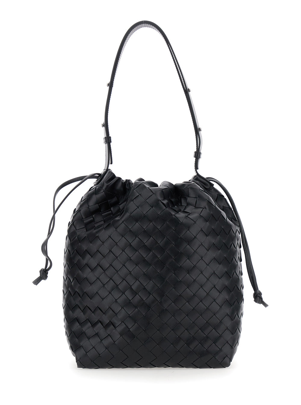 Bottega Veneta Men Black Shoulder Bag With Drawstring Closure And Intrecciato Motif In Leather Man by Luosophy