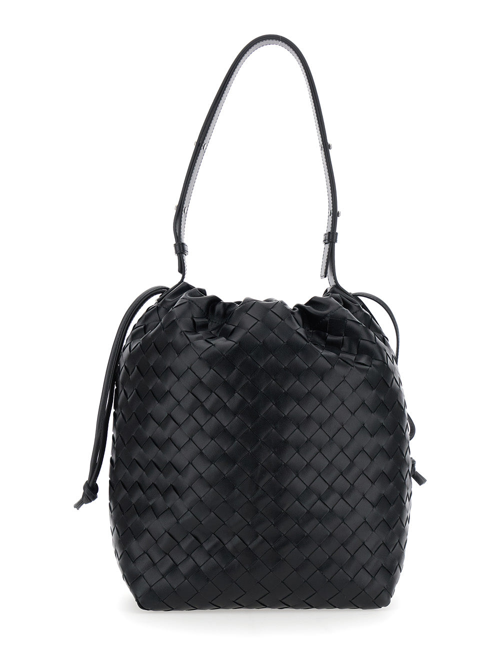 Bottega Veneta Men Black Shoulder Bag With Drawstring Closure And Intrecciato Motif In Leather Man by Luosophy