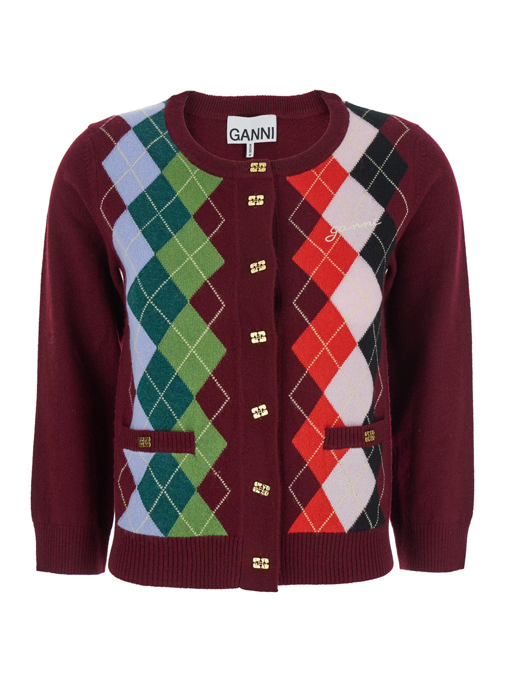Ganni Women Multicolor Crewneck Cardigan With Jewel Buttons And Gemetric Motif On The Front In Wool And Cashmere Woman