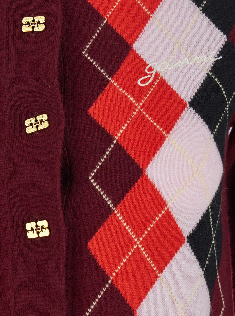 Ganni Women Multicolor Crewneck Cardigan With Jewel Buttons And Gemetric Motif On The Front In Wool And Cashmere Woman DestGlow