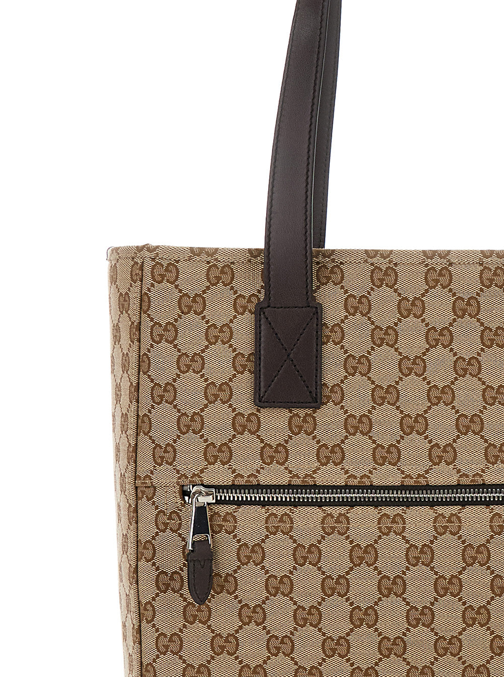 Gucci Men Beige Tote Bag With Two Top Leather Handles And Front Zip Pocket In Gg Canvas Man by Luosophy