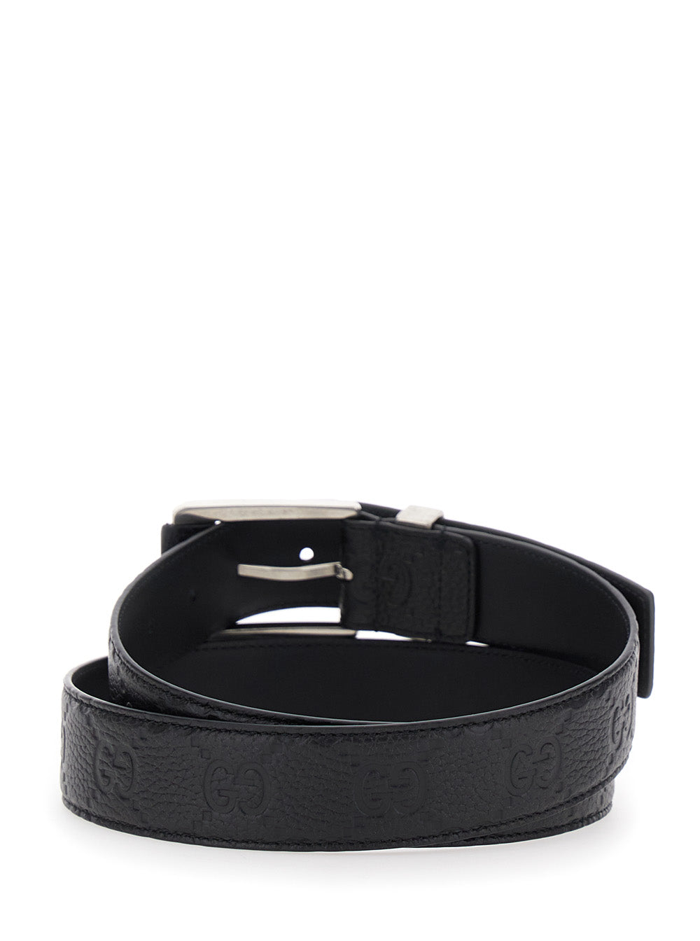 Gucci Men Black Belt With Square Buckle And All-Over Embossed Gg Logo In Grained Leather Man by Luosophy