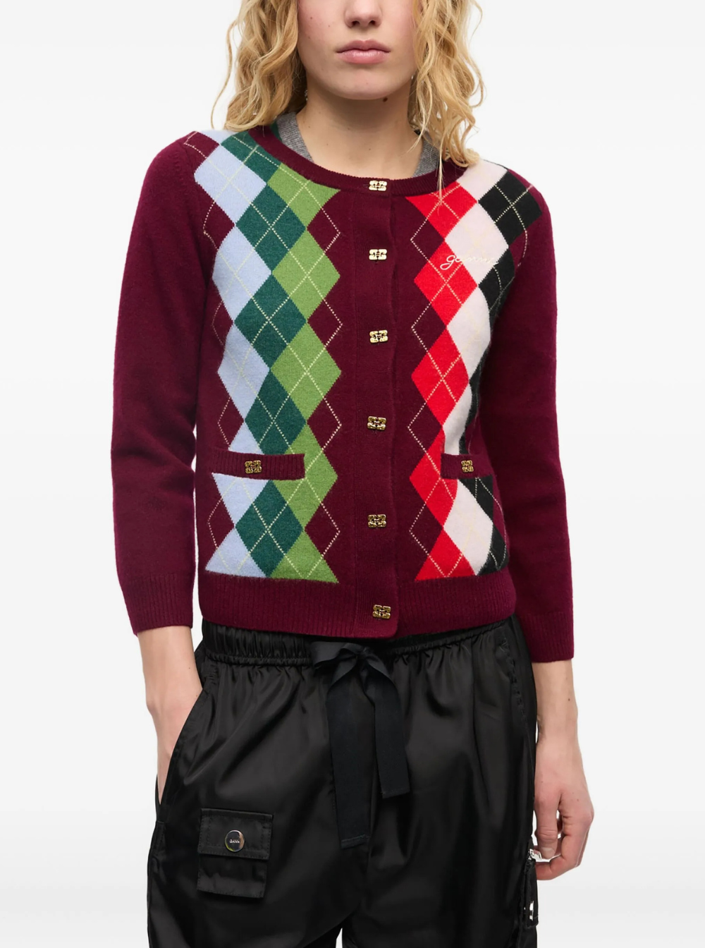 Ganni Women Multicolor Crewneck Cardigan With Jewel Buttons And Gemetric Motif On The Front In Wool And Cashmere Woman