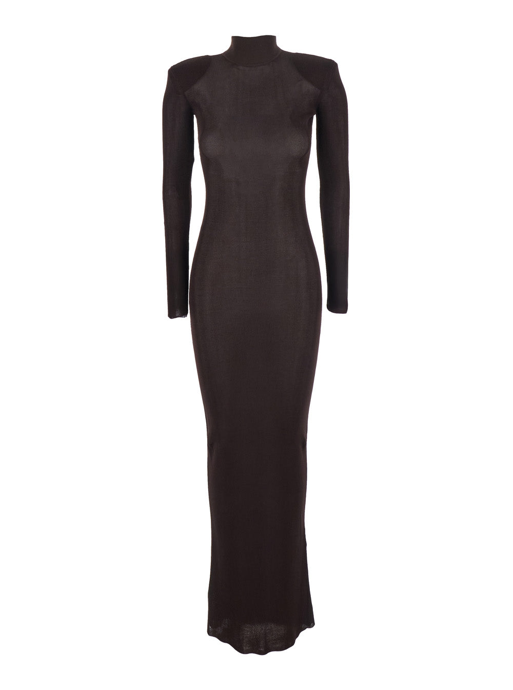 Self-Portrait Women Brown Turtleneck Long Dress With Shoulder Pads In Viscose Woman by Luosophy