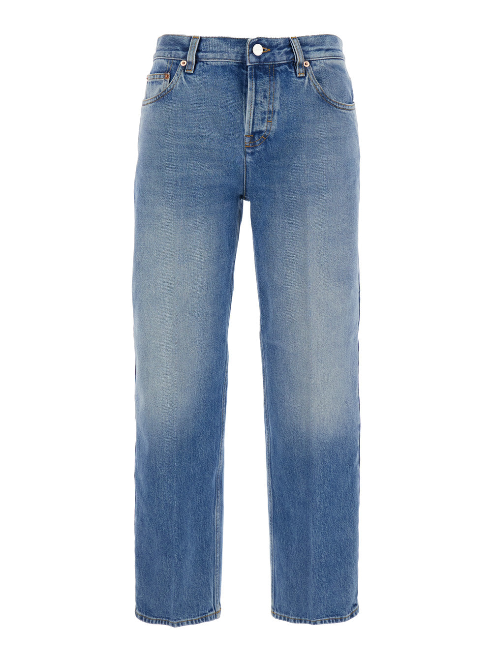 Gucci Women Blue Jeans With Logo Patch On The Rear And Faded Effect In Denim Woman