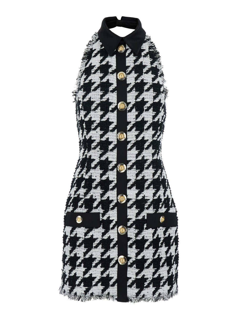 Balmain Women Black And White Halterneck Mini Dress With Houndstooth Motif In Tweed And Satin Woman by Luosophy
