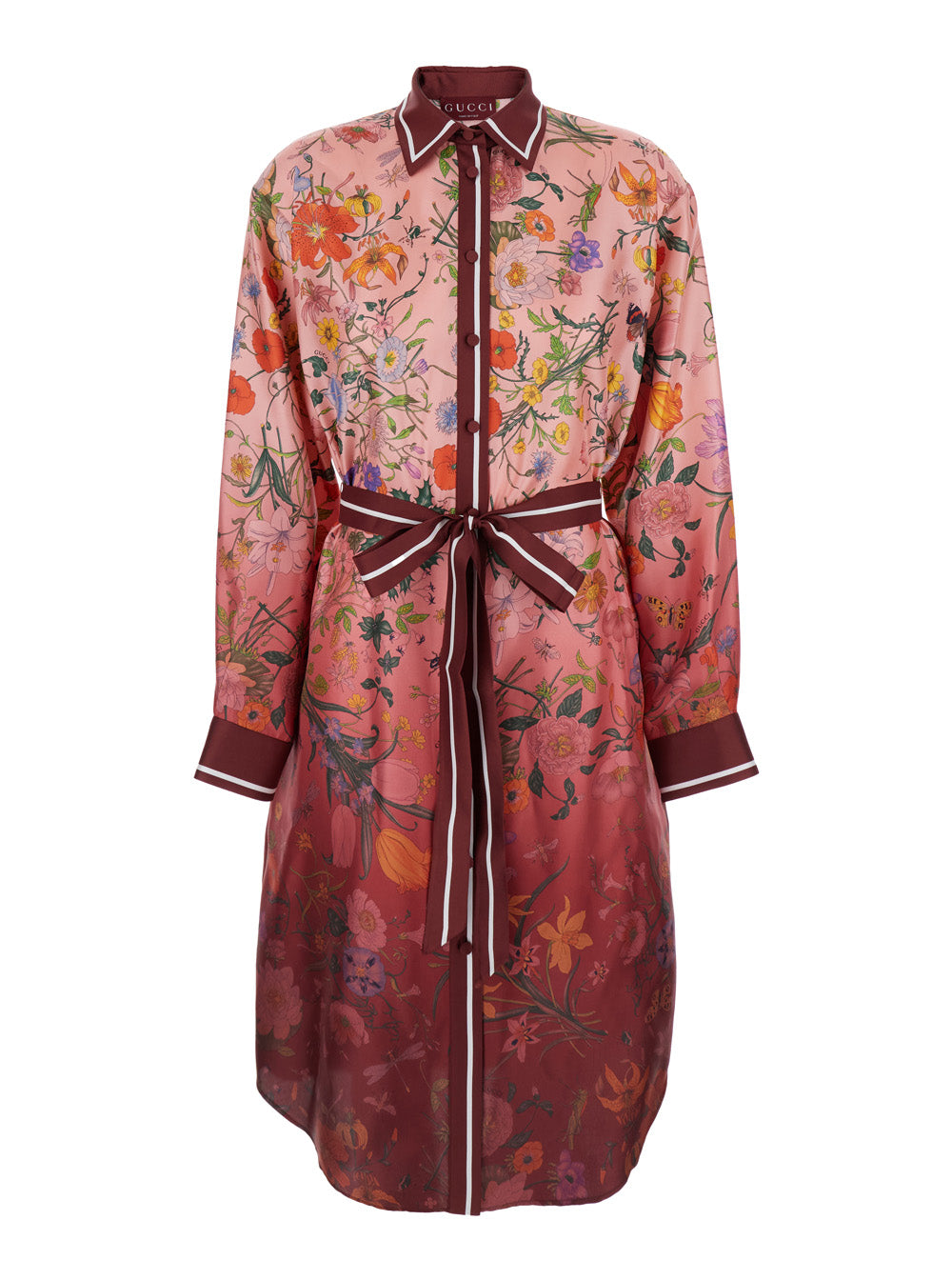 Gucci Women Bordeaux Gradient Dress With Removable Belt And All-Over Flora Print In Silk Woman
