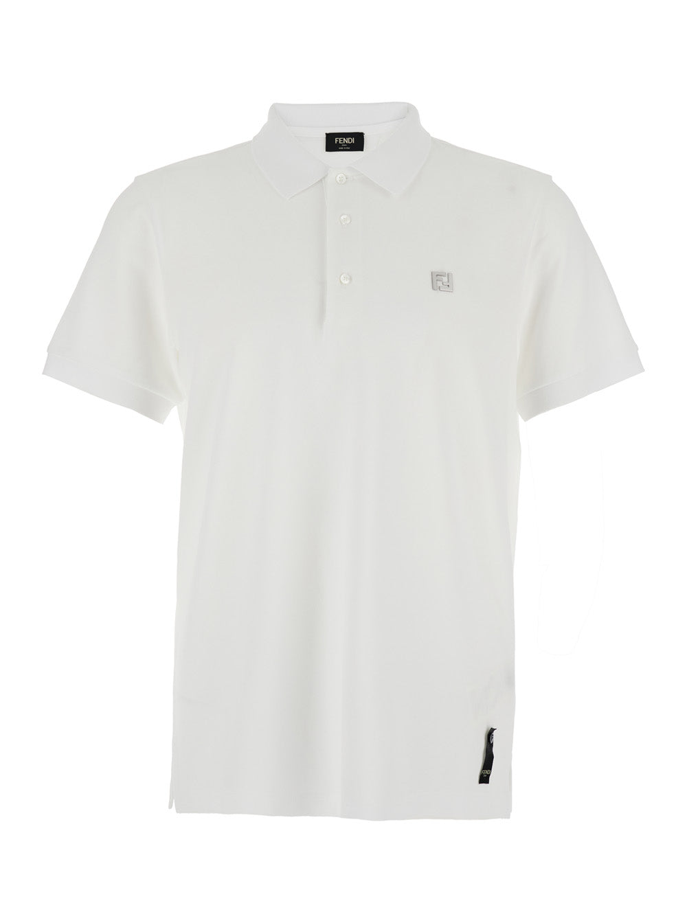 Fendi Men White Polo With Classic Collar And Metal Ff Plate On The Front For Men by Luosophy