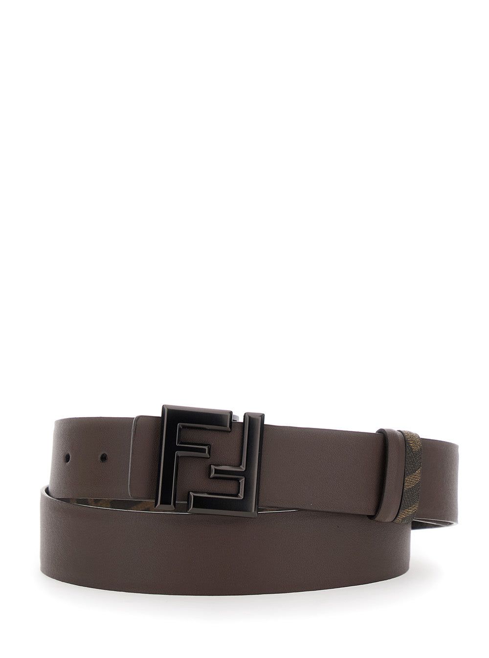 Fendi Men Belt With Ff Metallica Logo Plate And Brown Leather Front For Men