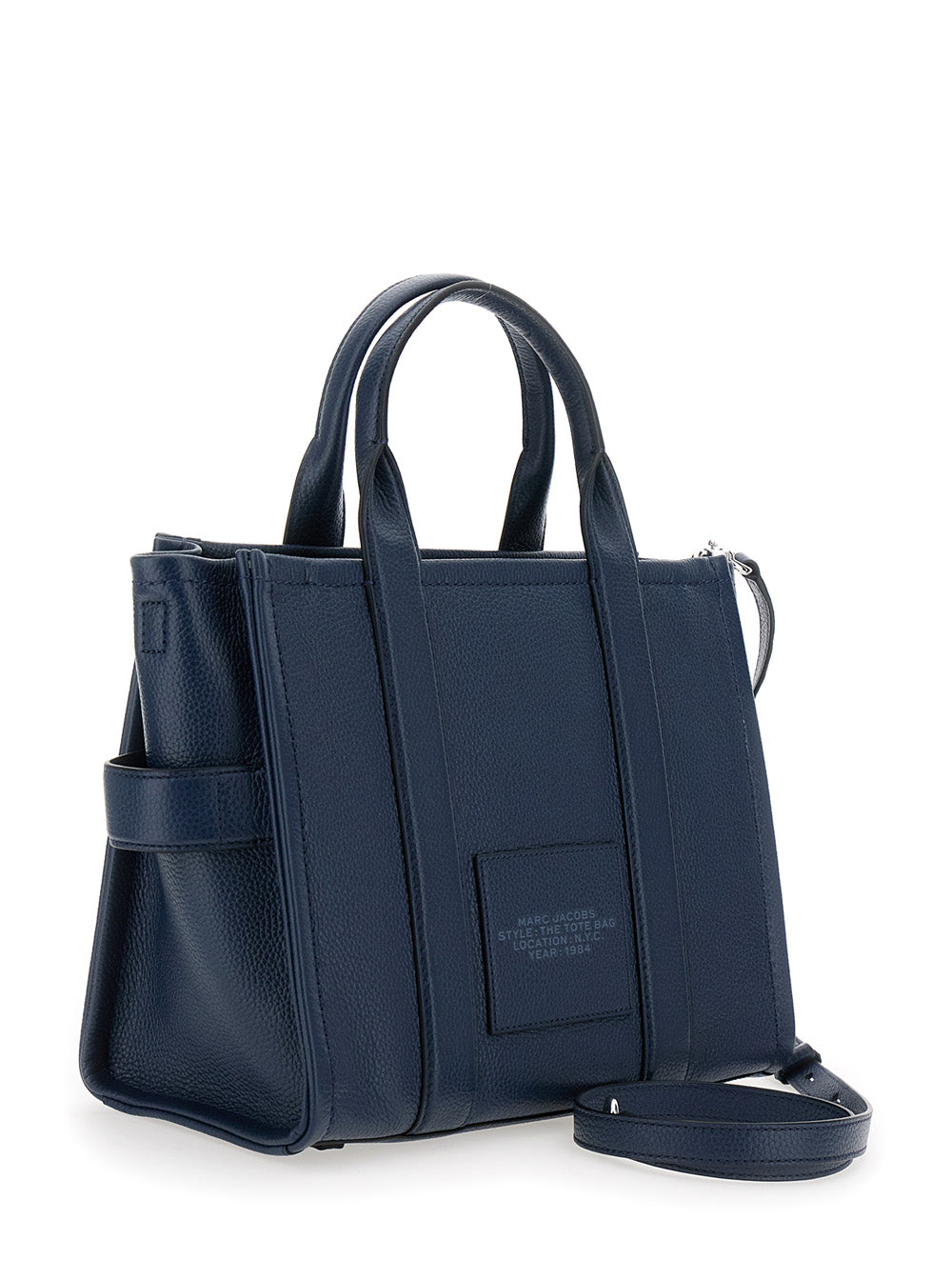 Marc Jacobs Women The Tote Bag Media Bag With Printed Logo On Hammered Blue Leather For Women by Luosophy