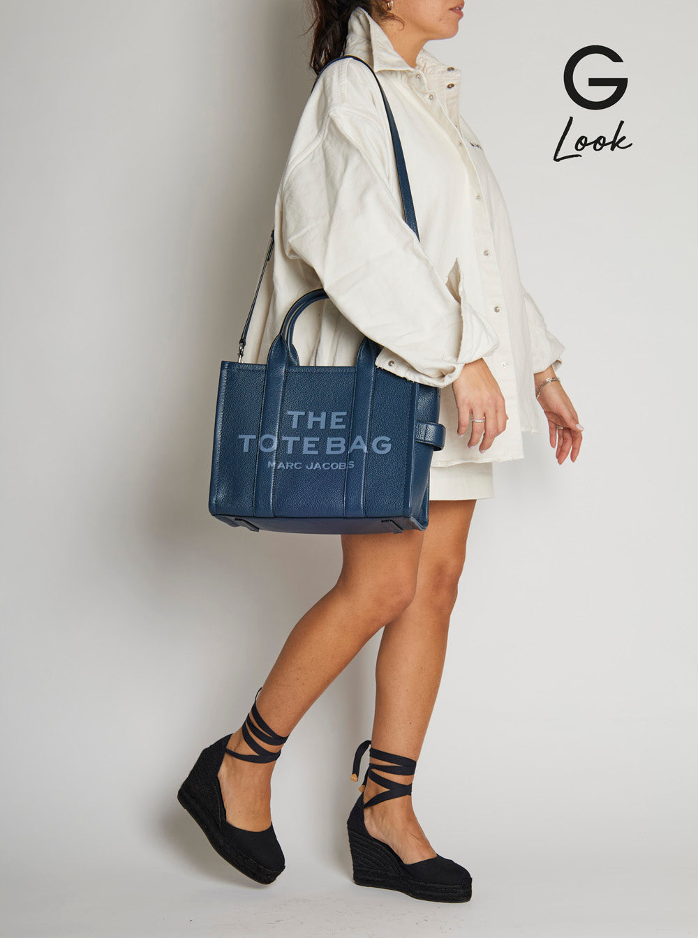 Marc Jacobs Women The Tote Bag Media Bag With Printed Logo On Hammered Blue Leather For Women by Luosophy
