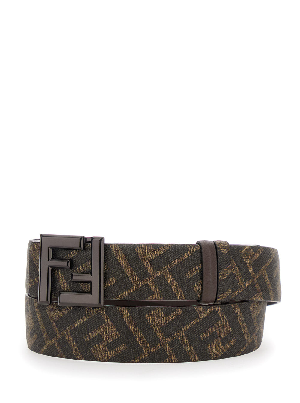 Fendi Men Belt With Ff Metallica Logo Plate And Brown Leather Front For Men