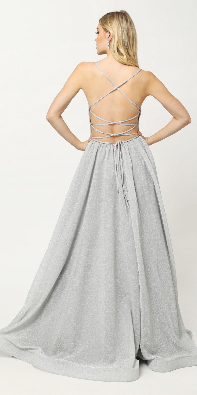 Juliet 204 Criss Cross Back Ball Gown Style Glitter Dress by DiscountDressShop