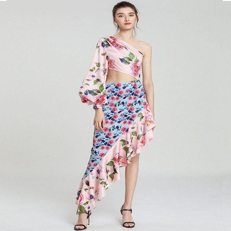 Summer Women Clothing Maxi Dress Asymmetric Tube Top Single Sleeve Waist Tight Floral Stitching Dress by Ragazza