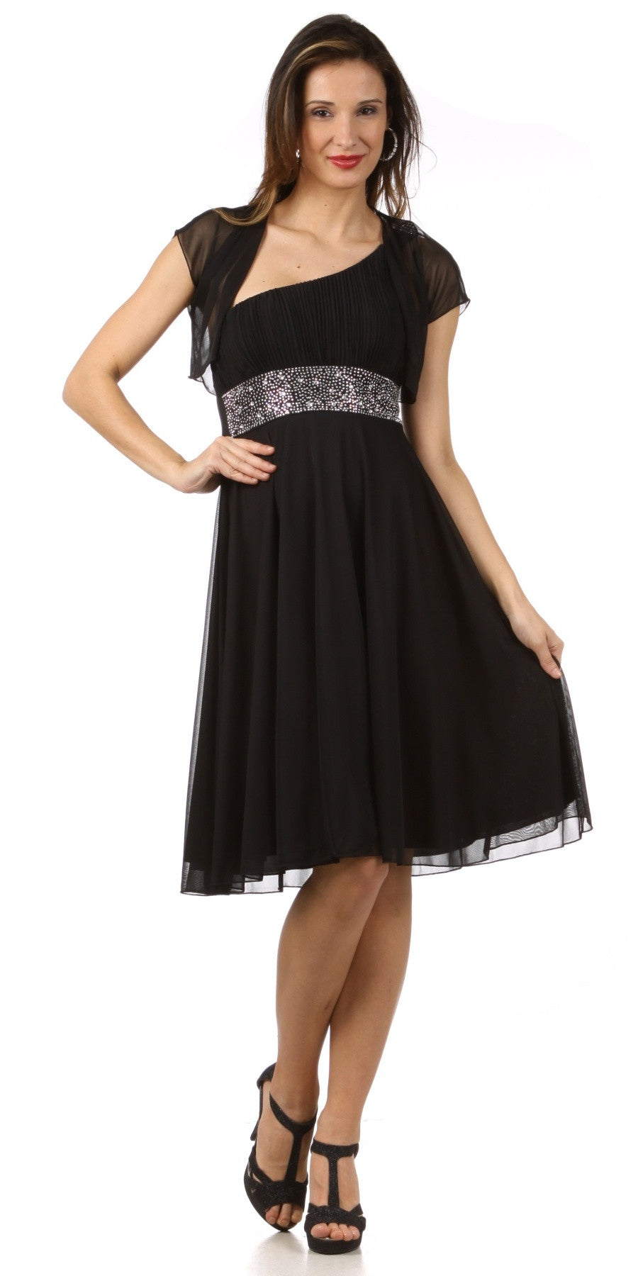 CLEARANCE - CELAVIE 2095S Black Knee Length Dress One Shoulder Includes Bolero Jacket (Size M) by DiscountDressShop