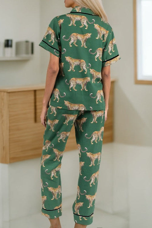 Women's Cheetah Print Pajama Set - Short Sleeve Shirt & Pants Sleepwear