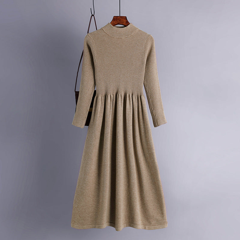 Autumn Winter Half High Collar Swing Long Knitted Dress Waist Controlled Slimming Long Sleeve Simple Dinified Sweater Bottoming Women by Ragazza