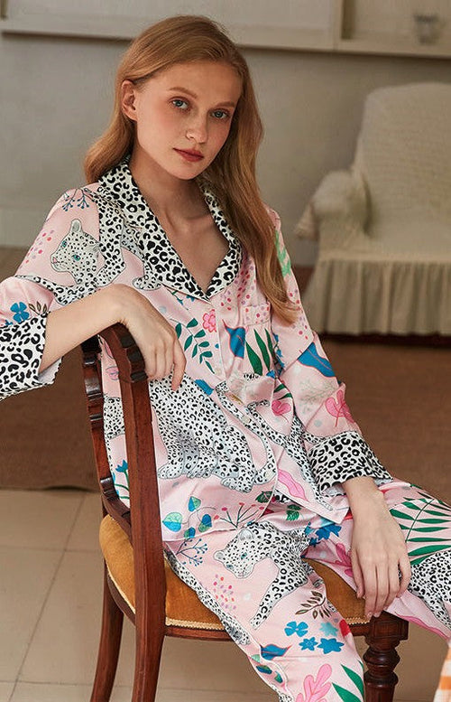 Women's Animal Print Pajama Set - Leopard Print Short Sleeve Shirt & Pants