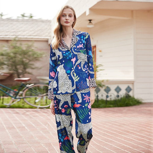 Women's Animal Print Pajama Set - Leopard Print Short Sleeve Shirt & Pants