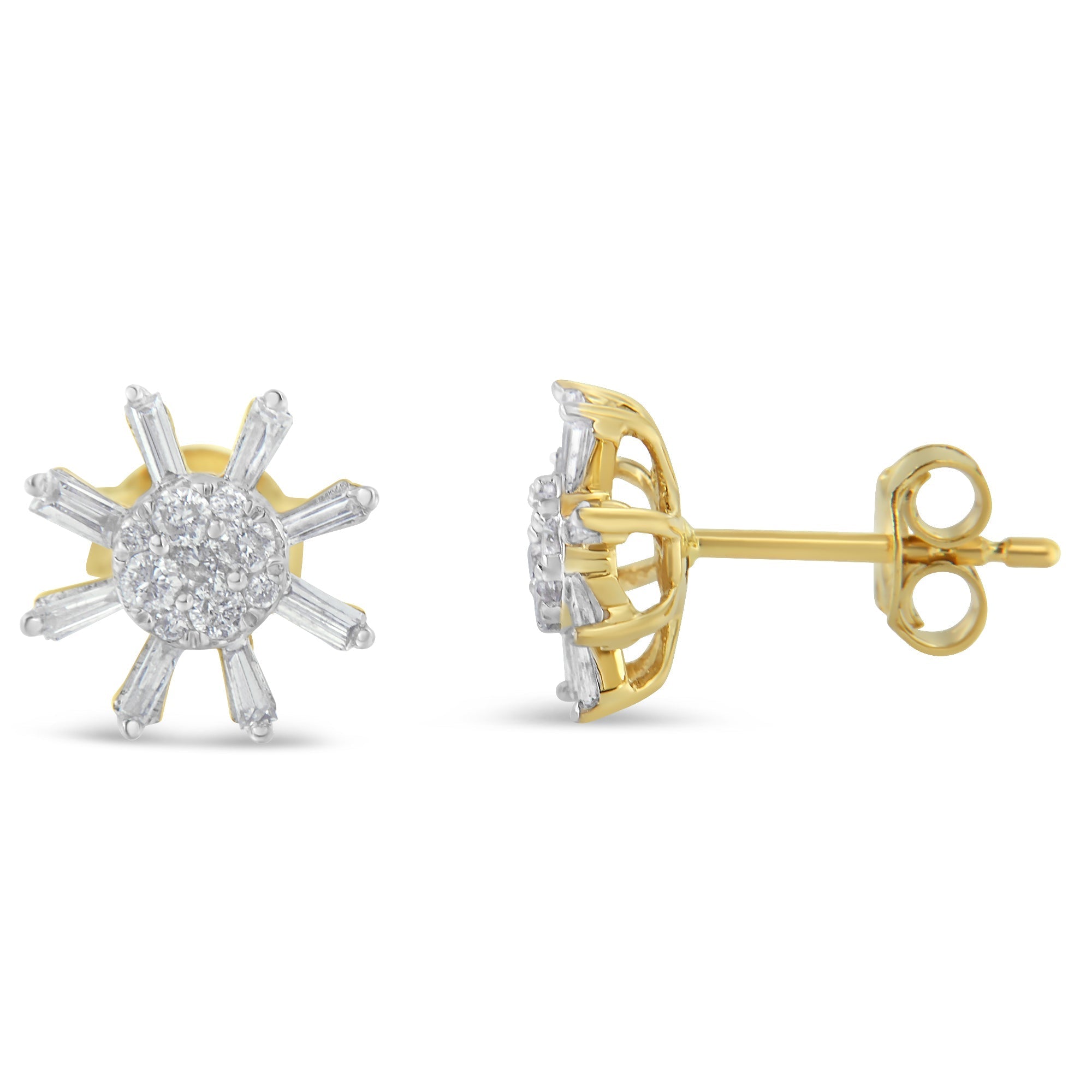 10k Yellow Gold Round and Baguette Diamond Stud Earring (0.50 cttw, H-I Color, I2-I3 Clarity) DestGlow