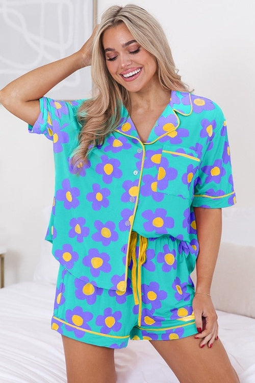 Women's Floral Print Pajama Set - V-Neck Short Sleeve Shirt & Drawstring Shorts