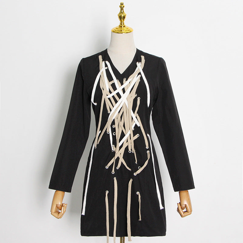 Fall Elegant Dark Sexy V neck Cross Drawstring Tied Long Sleeves Short Dress Women by Ragazza