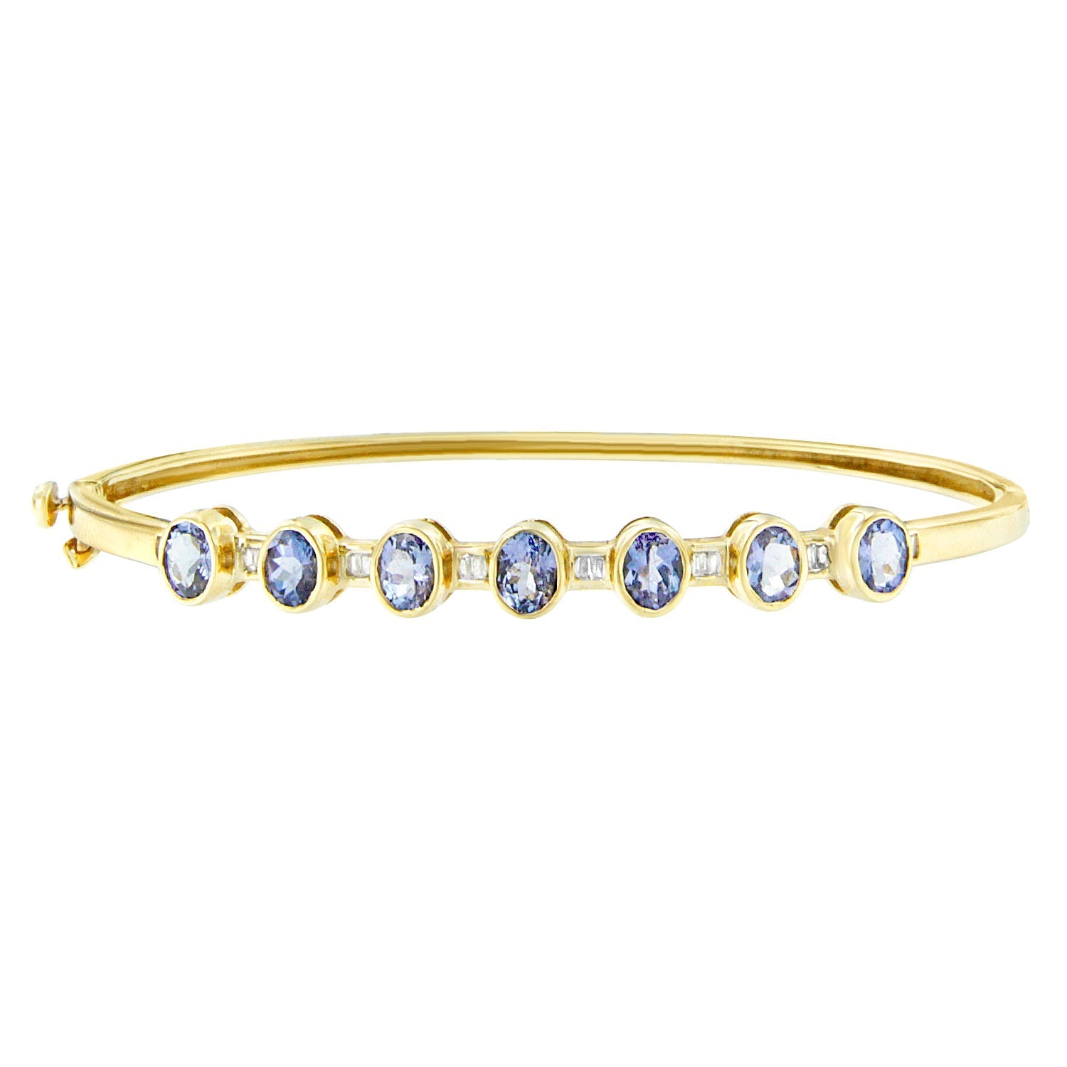 14K Yellow Gold Alternating Bezel Set 5MM Oval Shaped Tanzanite and 1/5 Cttw Diamond Bangle Bracelet (H-I Color, VS2-SI1 Clarity) - Fit&