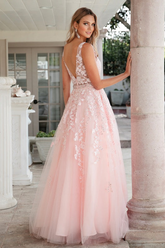Juliet 224 V-Neck and Back Embroidered Tulle A-Line Ball Gown by DiscountDressShop