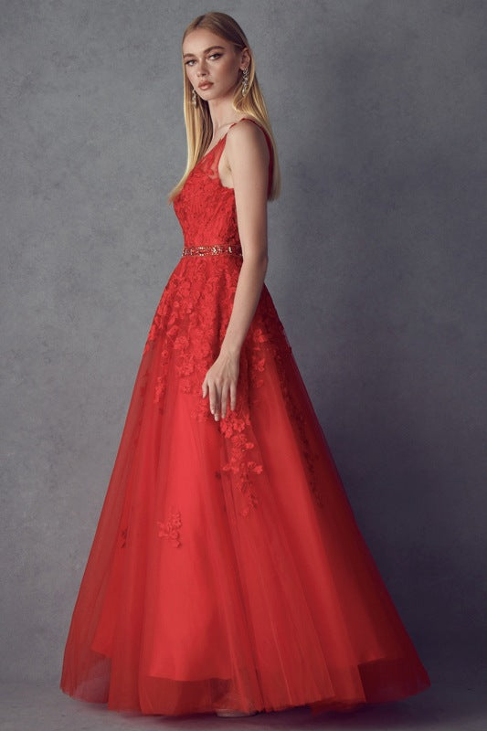 Juliet 224 V-Neck and Back Embroidered Tulle A-Line Ball Gown by DiscountDressShop