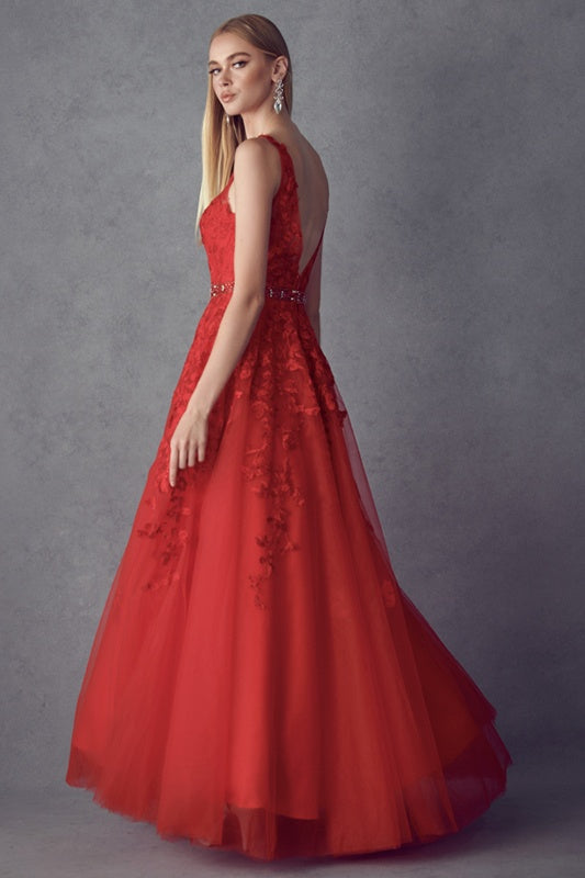 Juliet 224 V-Neck and Back Embroidered Tulle A-Line Ball Gown by DiscountDressShop