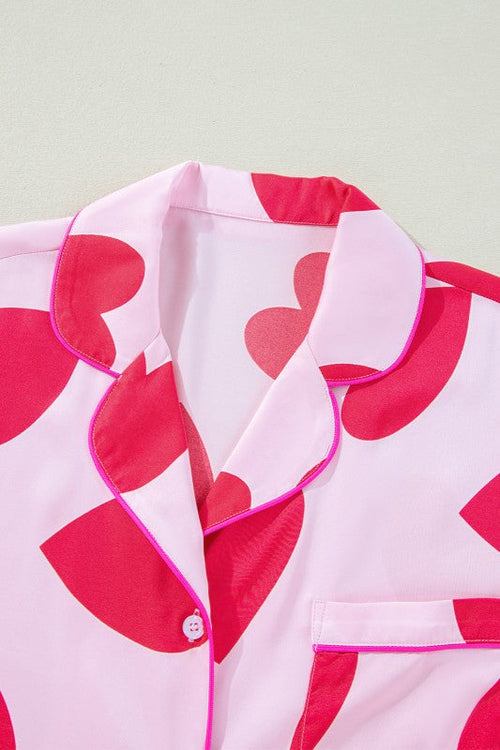 Women's Valentine's Day Pajama Set - Heart Print Short Sleeve Shirt & Pants