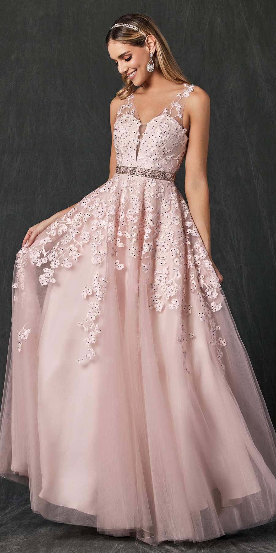 Juliet 224 V-Neck and Back Embroidered Tulle A-Line Ball Gown by DiscountDressShop