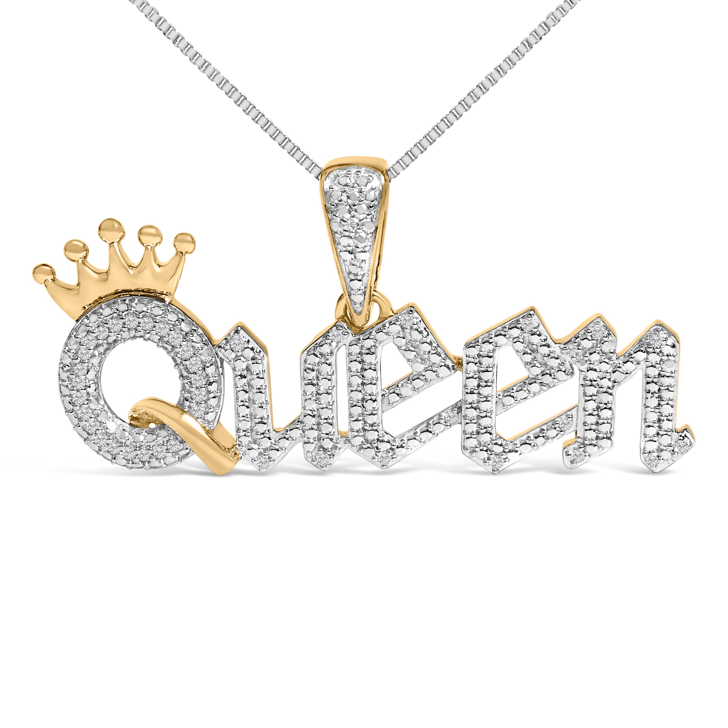 14K Yellow Gold Plated Sterling Silver 1/10 Cttw Diamond “Queen†Nameplate Pendant Necklace by Bids.com