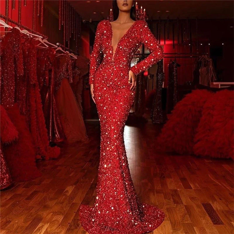 Spring Women Clothing Sheath Dress Fishtail Edge Red Paillette Long Sleeve V neck Dress by Ragazza