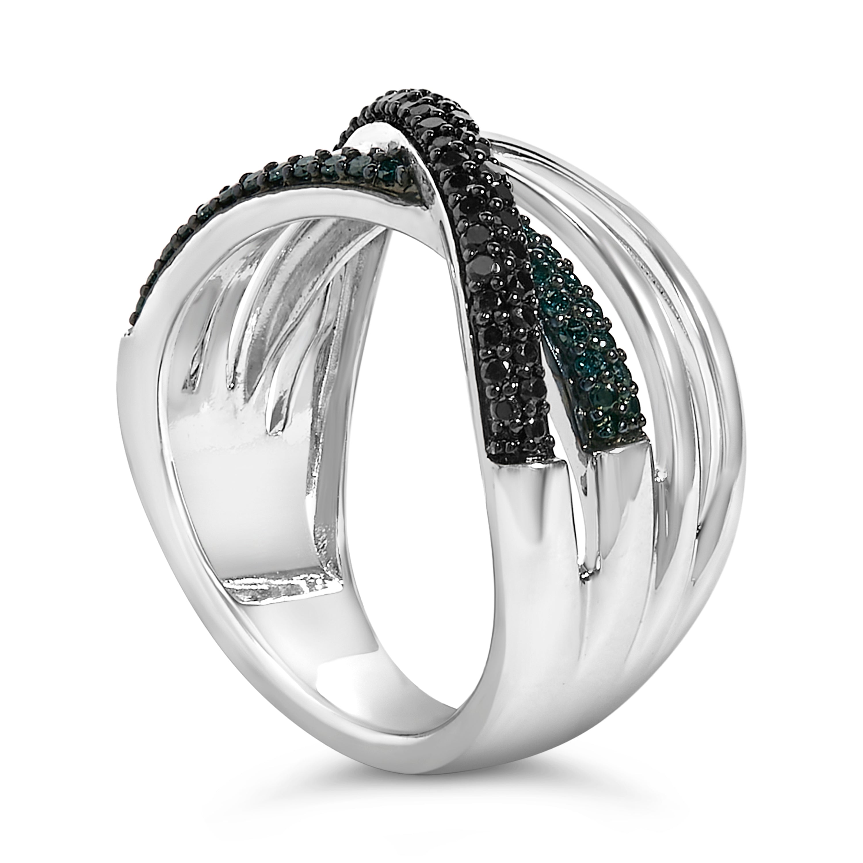 Sterling Silver 1/2 Cttw Black and Blue Diamond Crossover Bypass Ring by Bids.com